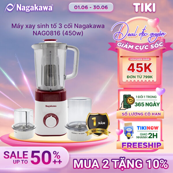 Máy Xay Sinh Tố 3 Cối Nagakawa NAG0816 450W - 1.5 Lít - Hàng Chính Hãng